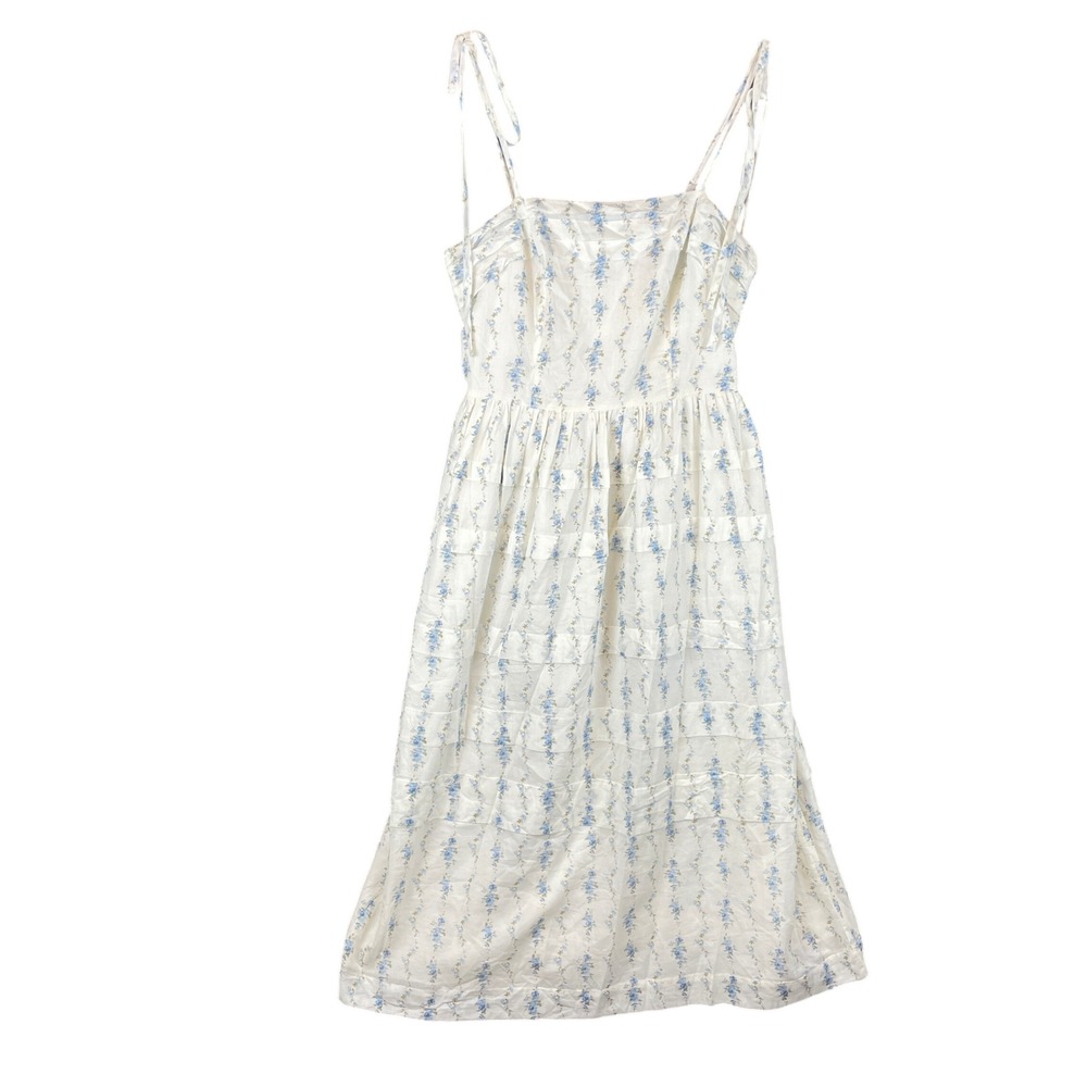 AND NOW THIS Blue Floral Cotton Tie Strap‎ Midi Dress Smocked Back White Small